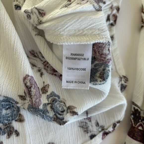 Charming Charlie Krazy Kat Floral Cream and Blue Surplice Long Sleeve Blouse M - Picture 8 of 10